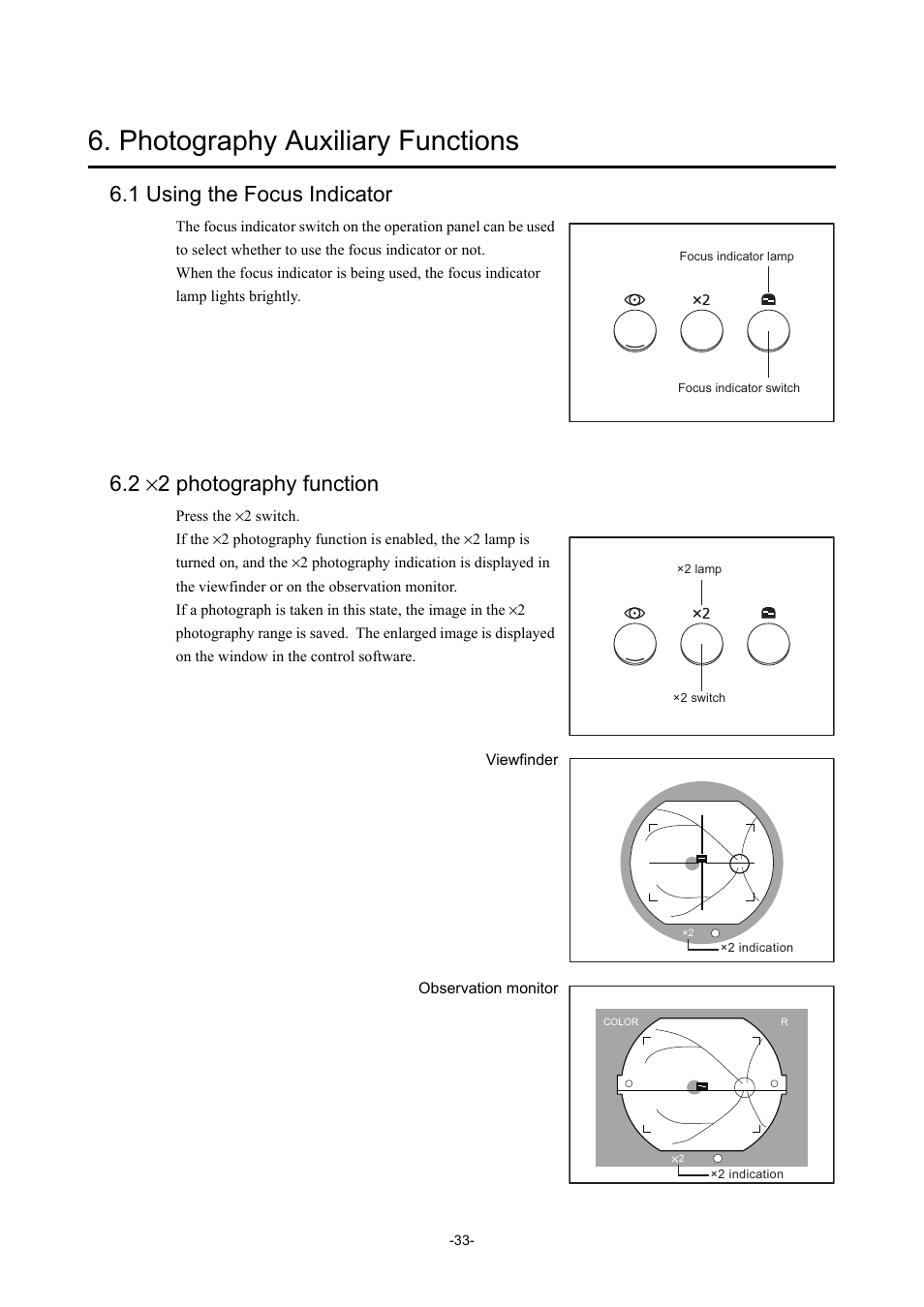 Photography auxiliary functions, 1 using the focus indicator, 2 ¥2 photography function | 1 using the focus indicator 6.2, 2 ×2 photography function | Canon CX-1 User Manual | Page 45 / 74