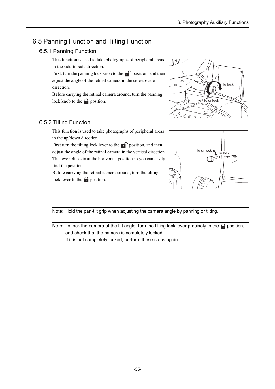 5 panning function and tilting function, 1 panning function, 2 tilting function | 1 panning function 6.5.2 tilting function | Canon CX-1 User Manual | Page 47 / 74