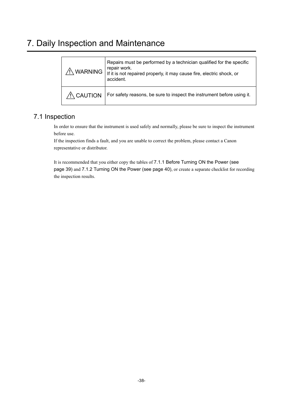 Daily inspection and maintenance, 1 inspection | Canon CX-1 User Manual | Page 50 / 74