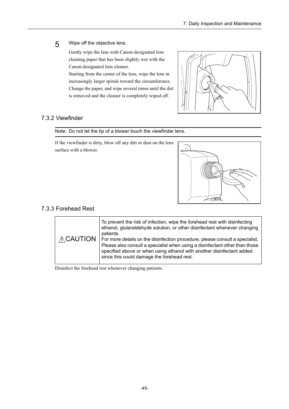 2 viewfinder, 3 forehead rest, 2 viewfinder 7.3.3 forehead rest | Caution | Canon CX-1 User Manual | Page 57 / 74
