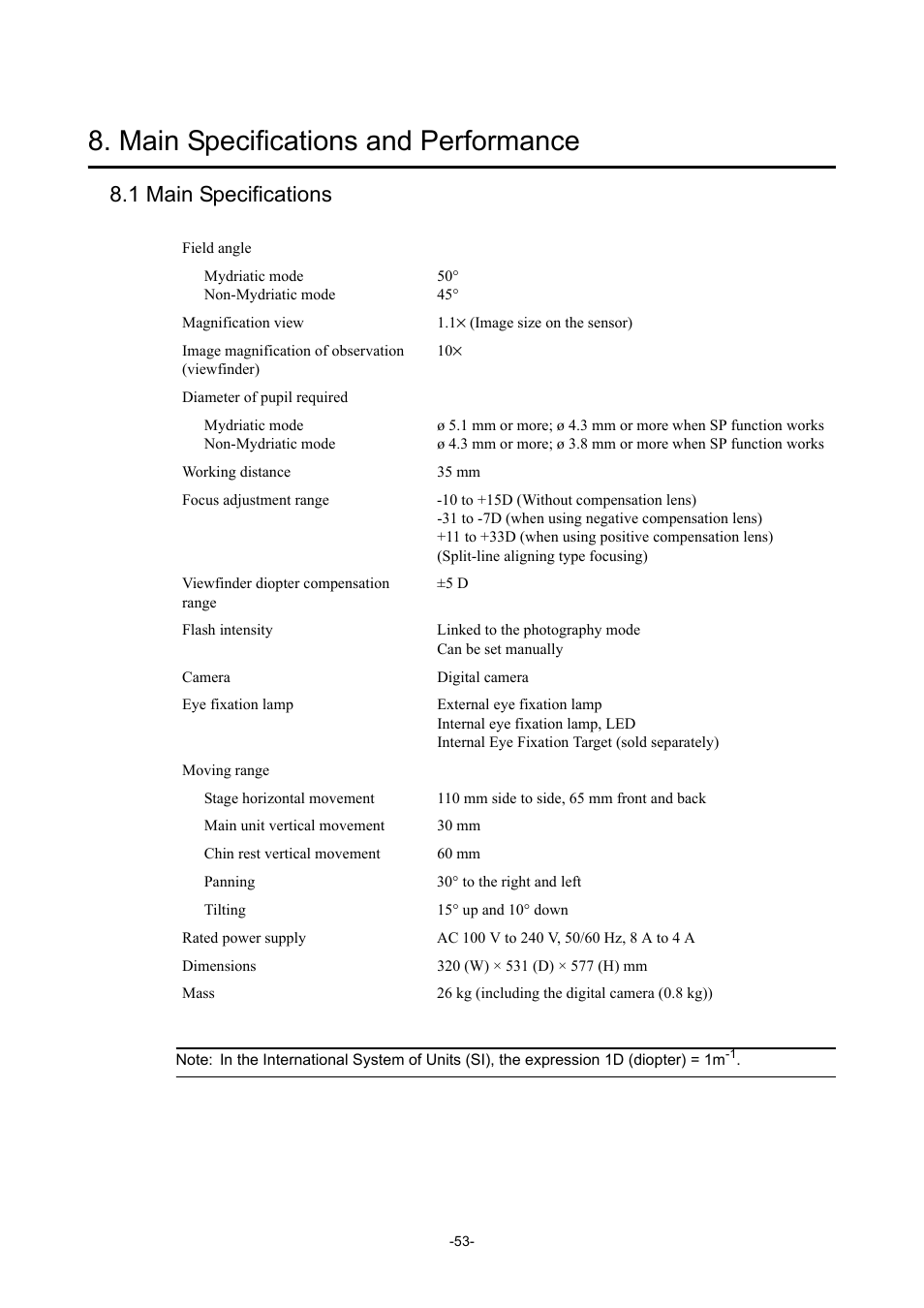 Main specifications and performance, 1 main specifications | Canon CX-1 User Manual | Page 65 / 74