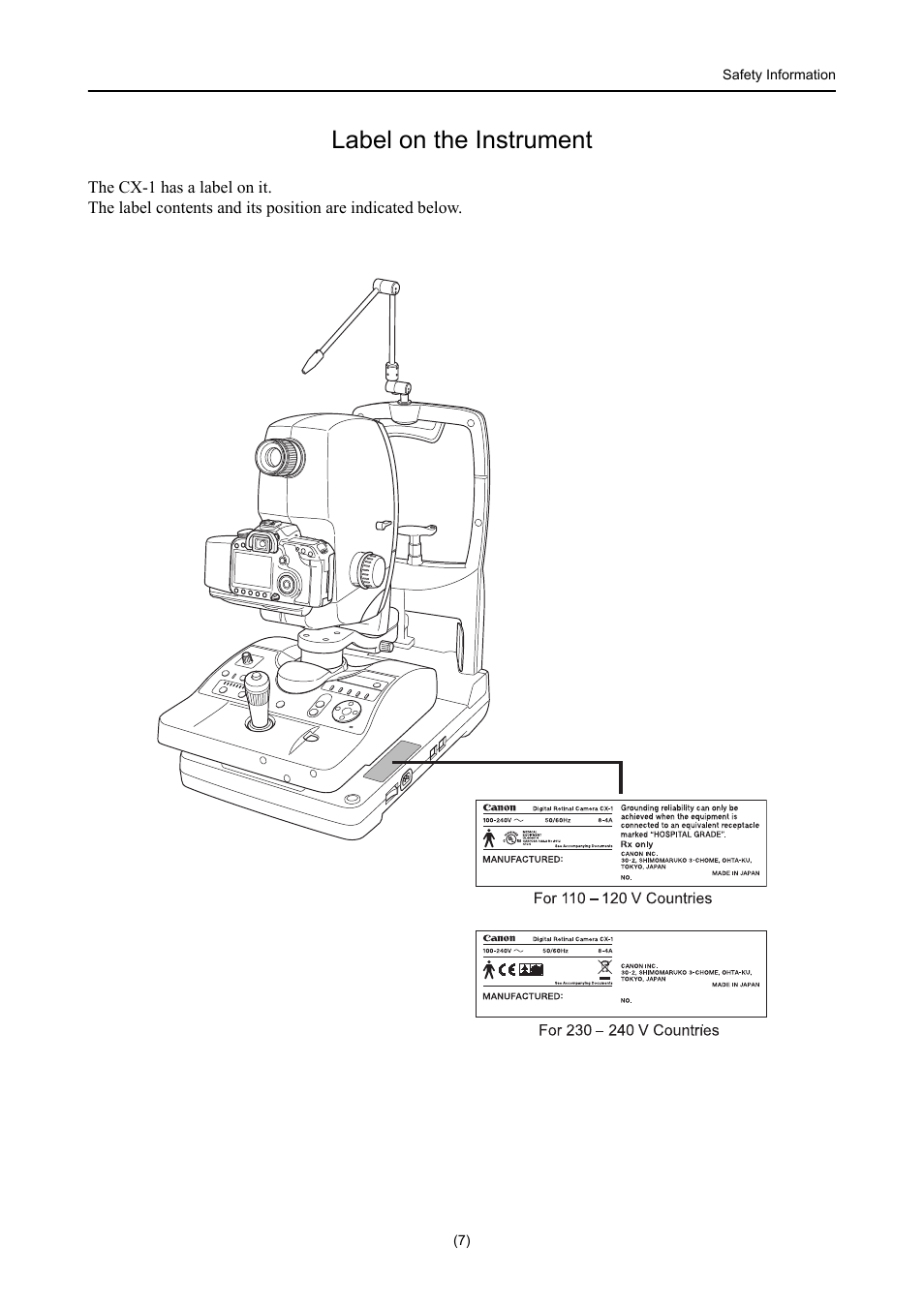 Label on the instrument | Canon CX-1 User Manual | Page 9 / 74