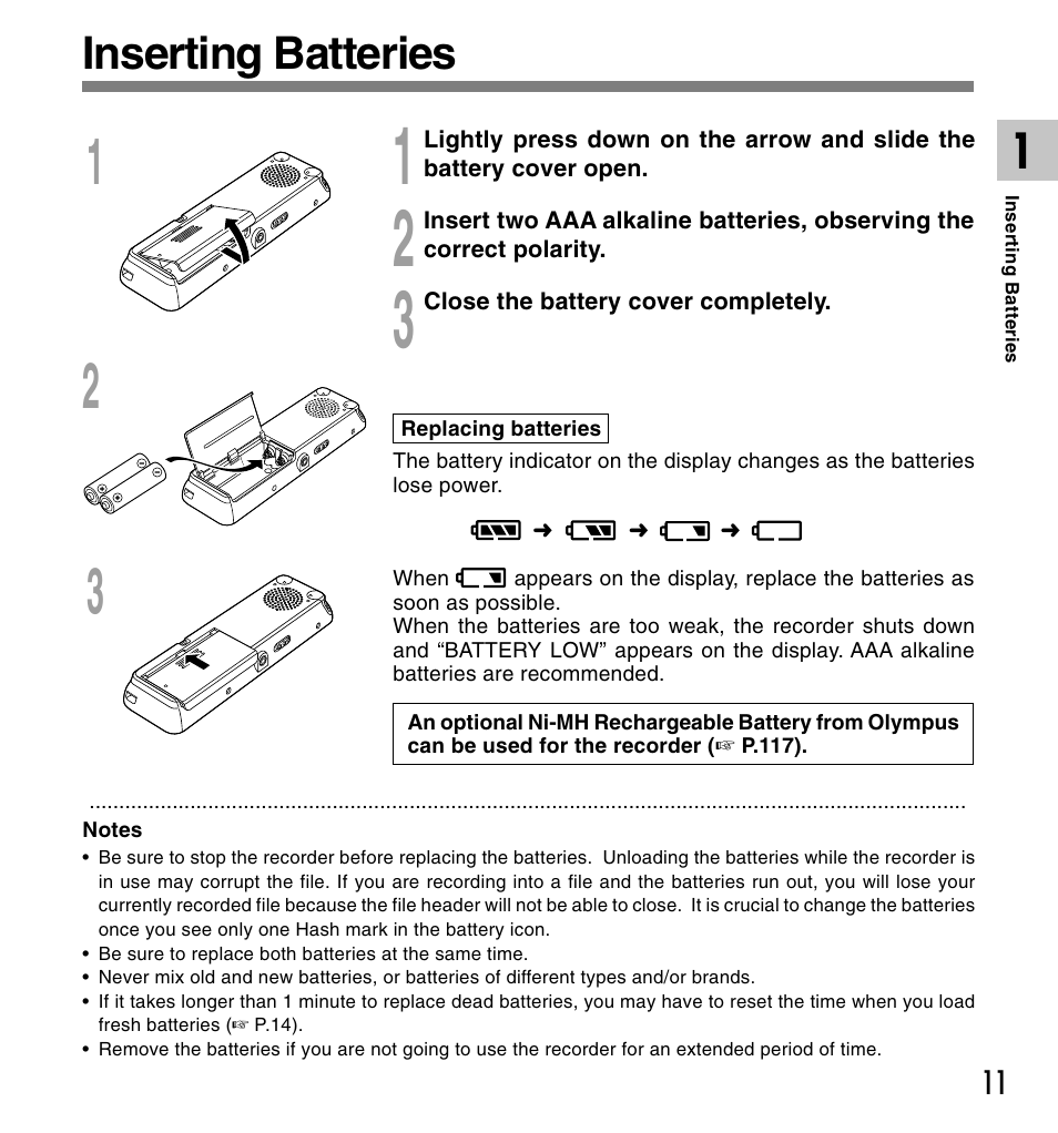 Inserting batteries | Olympus DS 2 User Manual | Page 11 / 120