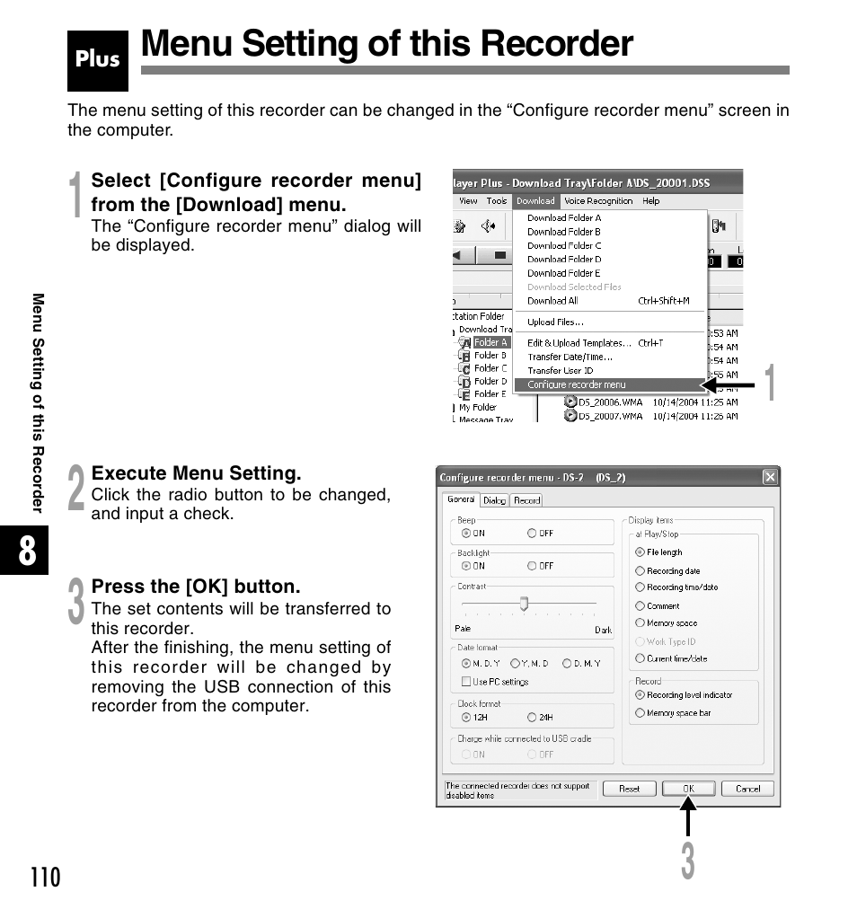 Menu setting of this recorder | Olympus DS 2 User Manual | Page 110 / 120