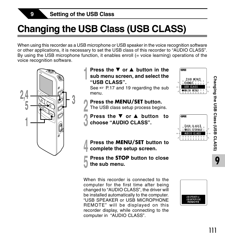 Changing the usb class (usb class) | Olympus DS 2 User Manual | Page 111 / 120