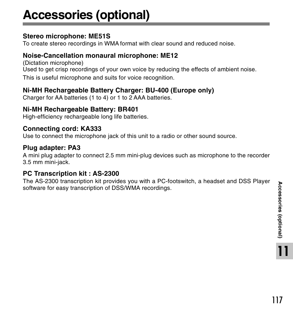 Accessories (optional) | Olympus DS 2 User Manual | Page 117 / 120