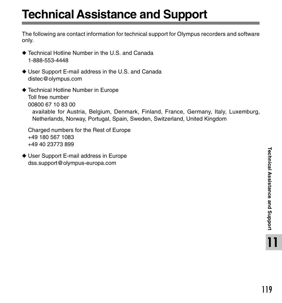 Technical assistance and support | Olympus DS 2 User Manual | Page 119 / 120