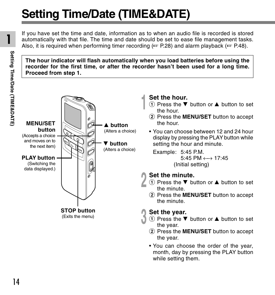 Setting time/date (time&date) | Olympus DS 2 User Manual | Page 14 / 120