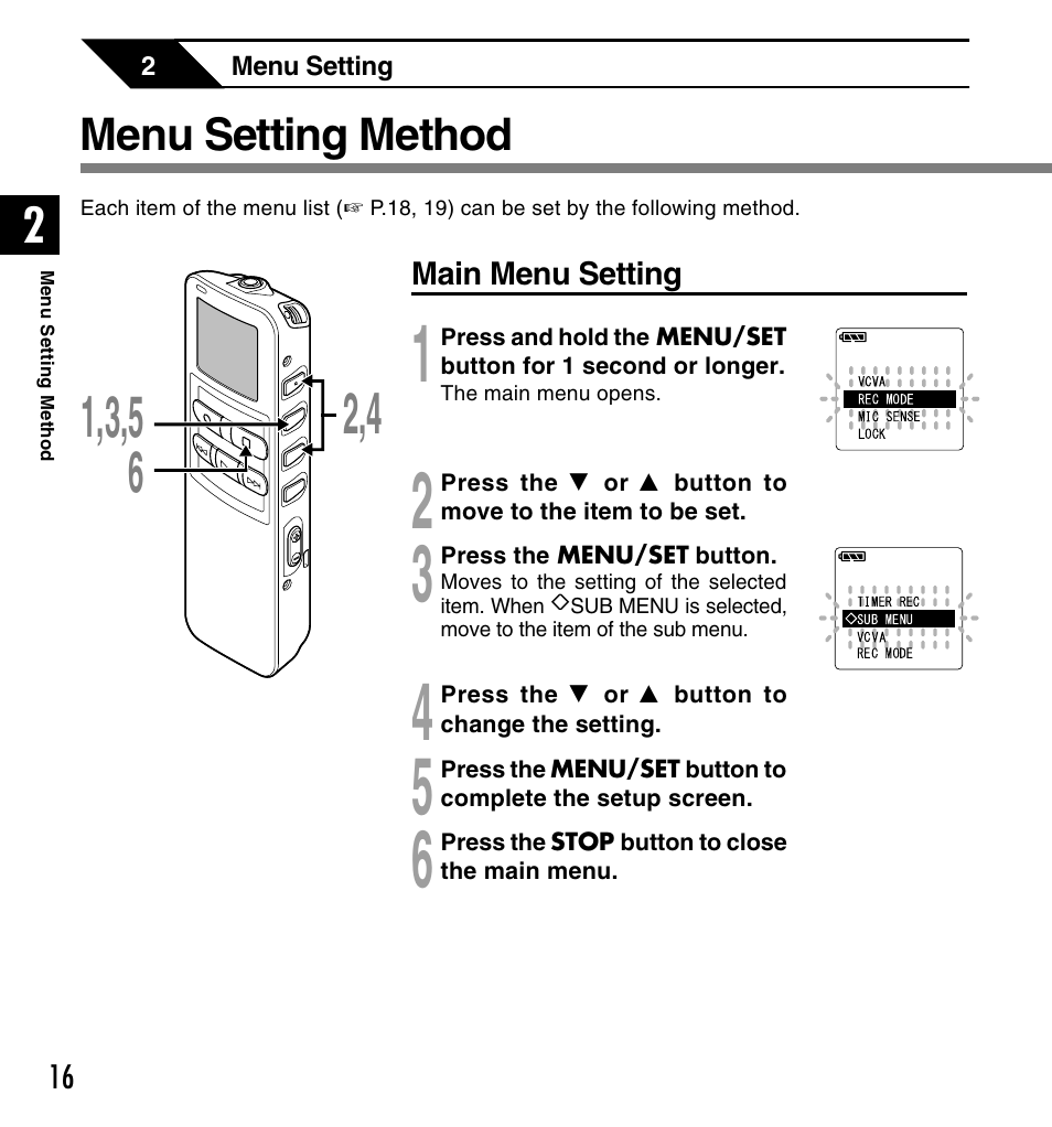 Menu setting method | Olympus DS 2 User Manual | Page 16 / 120