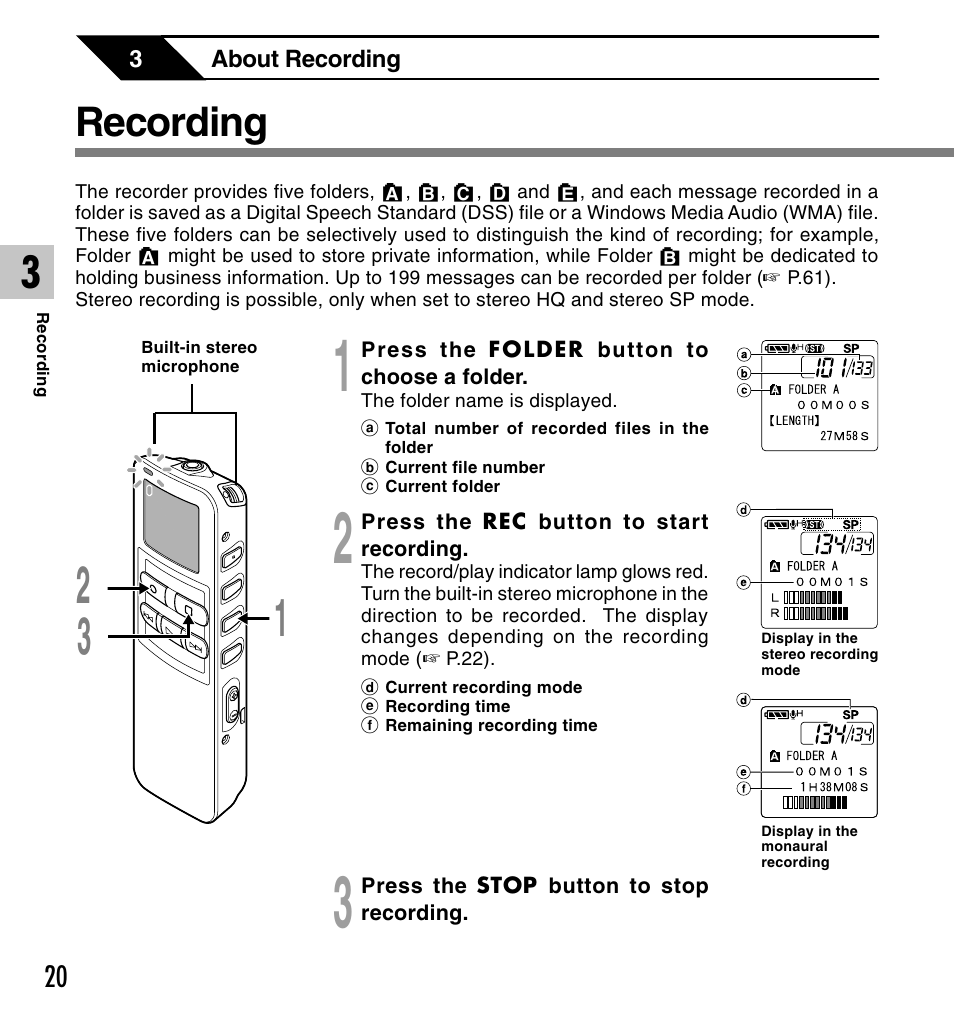 Recording | Olympus DS 2 User Manual | Page 20 / 120