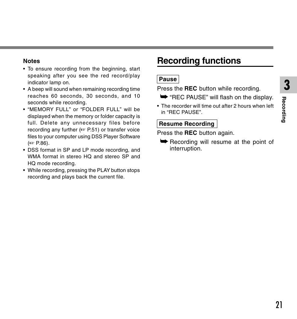 Recording functions | Olympus DS 2 User Manual | Page 21 / 120