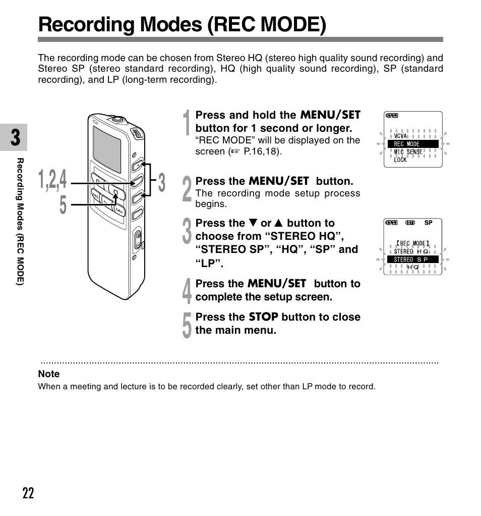 Recording modes (rec mode) | Olympus DS 2 User Manual | Page 22 / 120