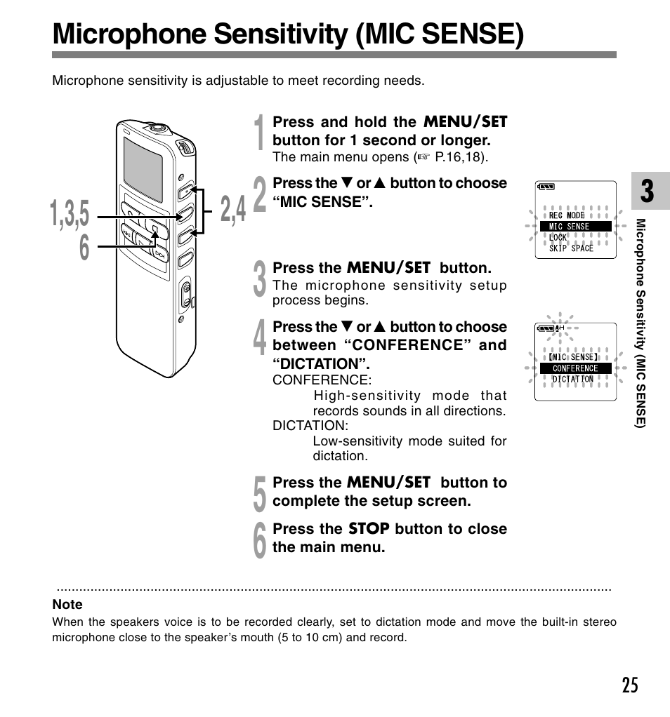 Microphone sensitivity (mic sense) | Olympus DS 2 User Manual | Page 25 / 120