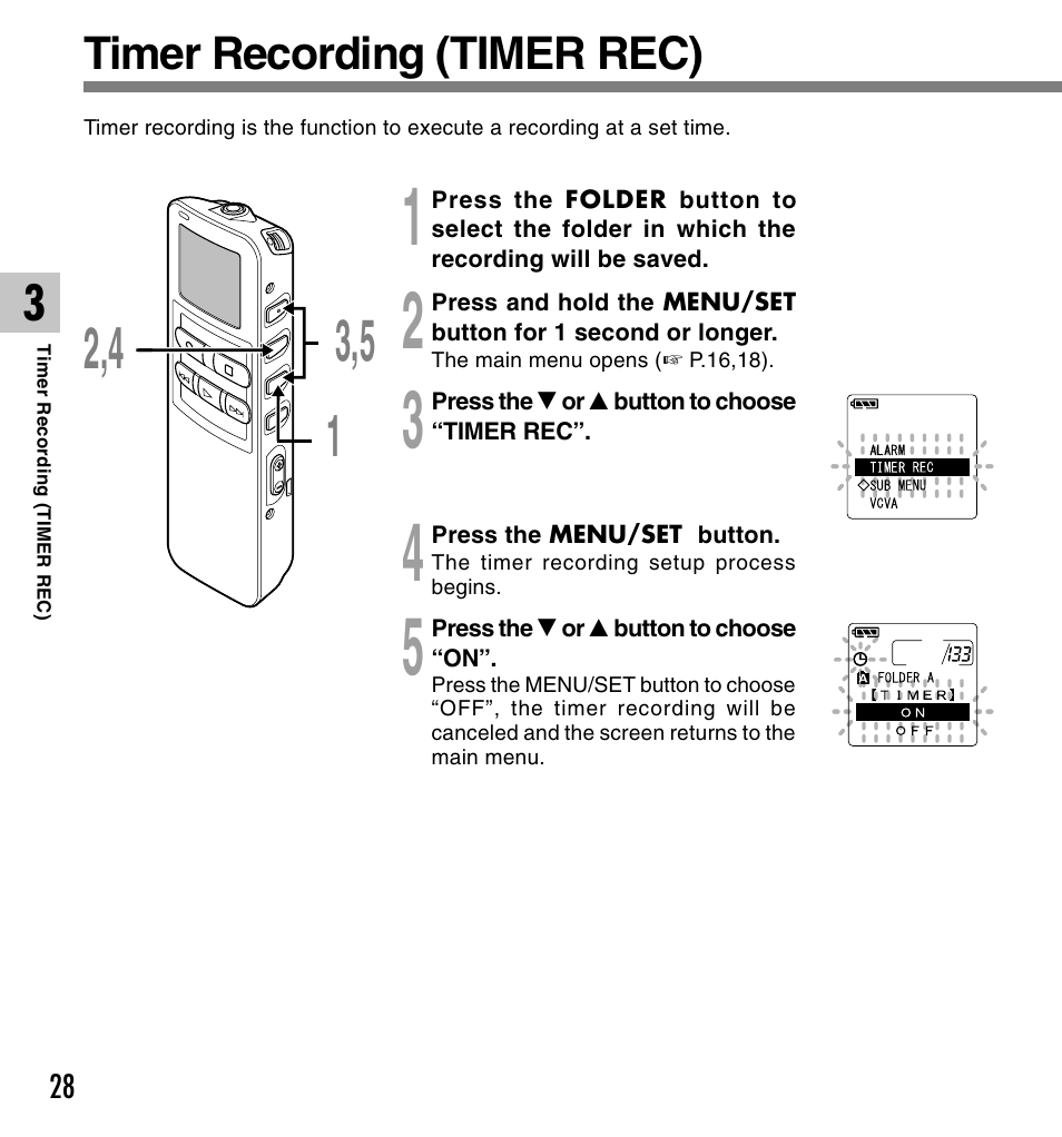 Timer recording (timer rec) | Olympus DS 2 User Manual | Page 28 / 120