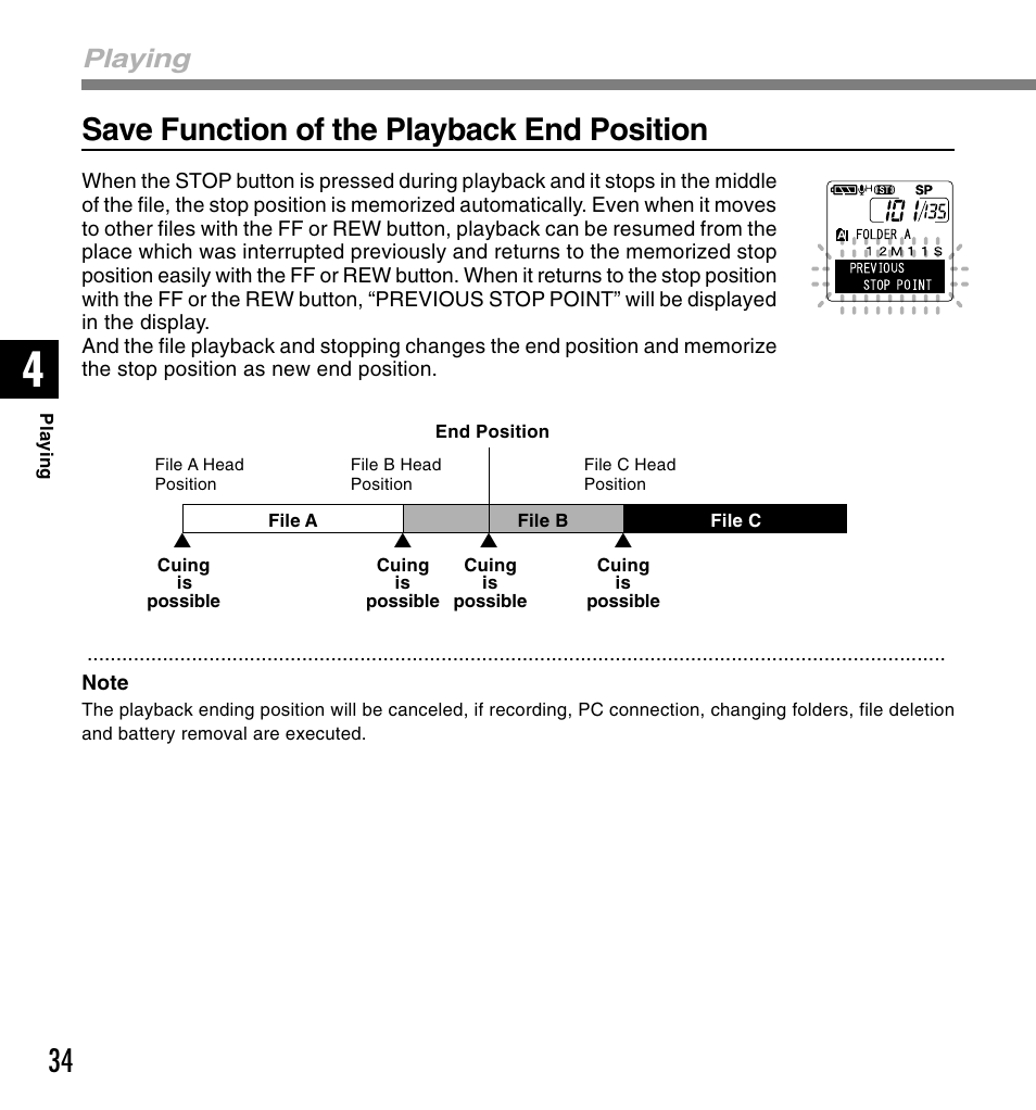 Save function of the playback end position, Playing | Olympus DS 2 User Manual | Page 34 / 120