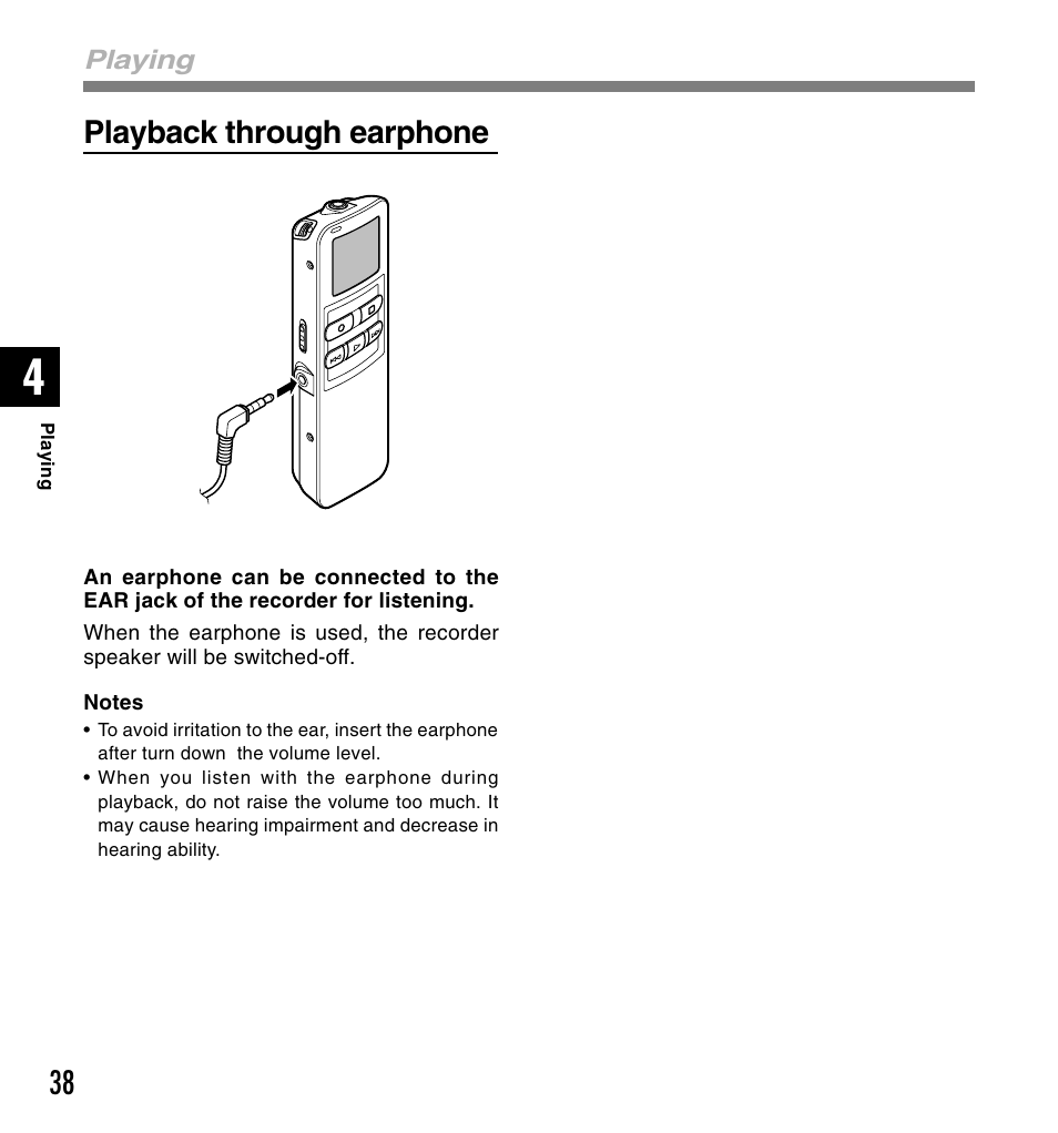 Playback through earphone | Olympus DS 2 User Manual | Page 38 / 120