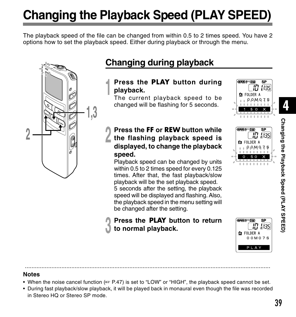 Changing the playback speed (play speed) | Olympus DS 2 User Manual | Page 39 / 120