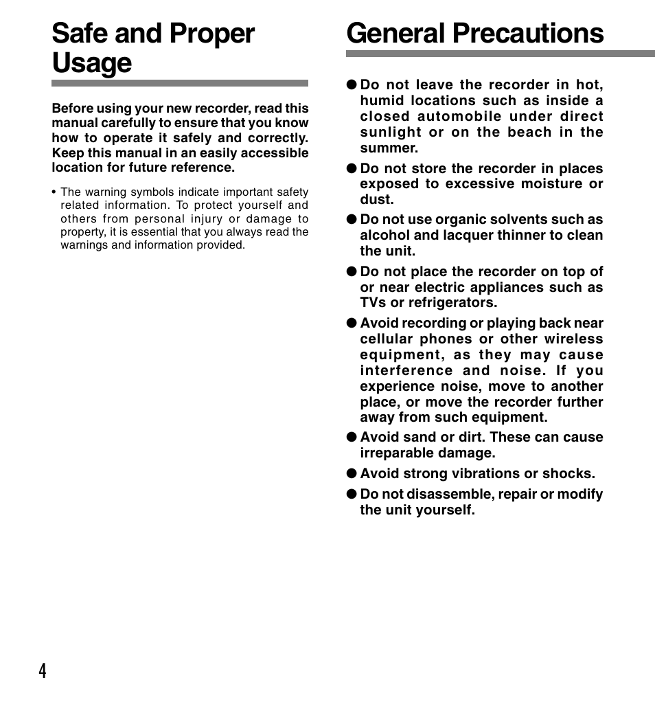 Safe and proper usage, General precautions | Olympus DS 2 User Manual | Page 4 / 120