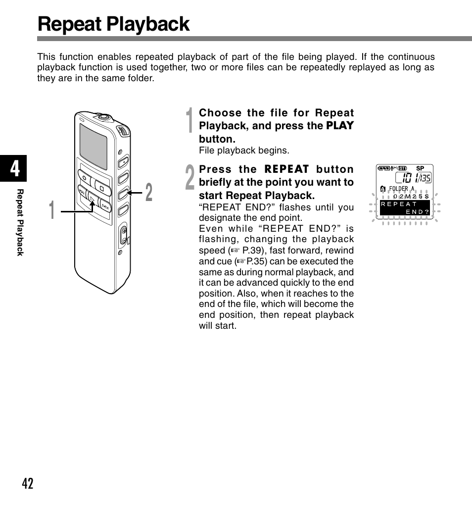 Repeat playback | Olympus DS 2 User Manual | Page 42 / 120