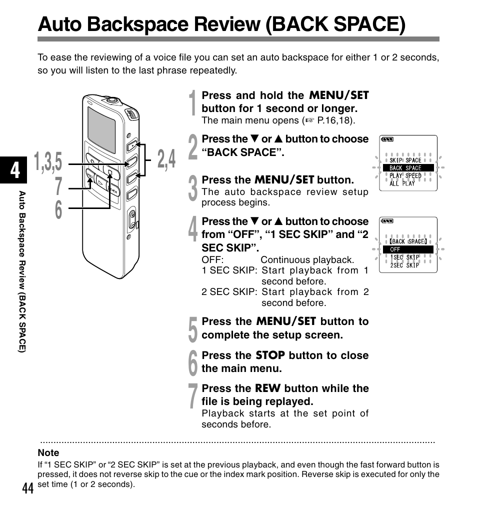 Auto backspace review (back space) | Olympus DS 2 User Manual | Page 44 / 120