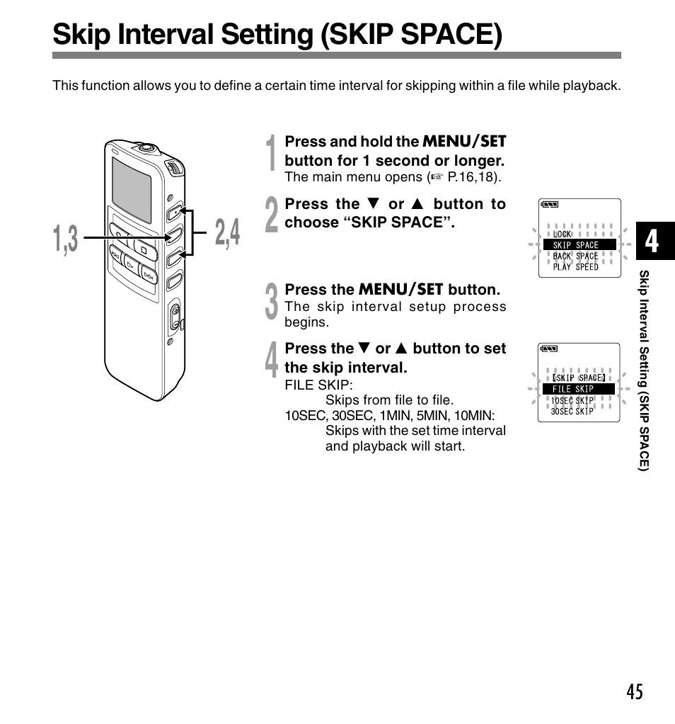Skip interval setting (skip space) | Olympus DS 2 User Manual | Page 45 / 120