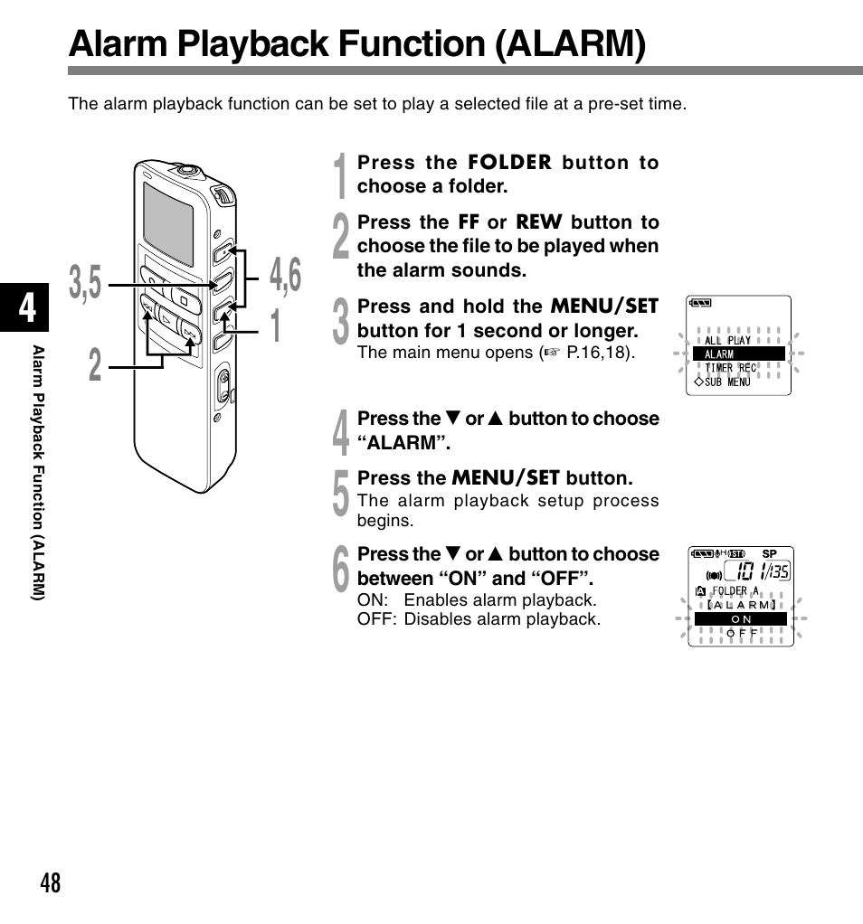 Alarm playback function (alarm) | Olympus DS 2 User Manual | Page 48 / 120