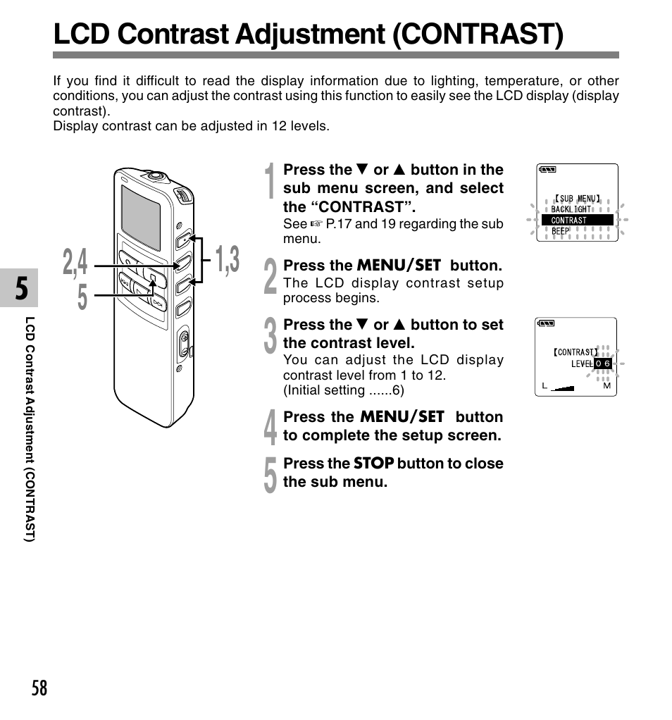 Lcd contrast adjustment (contrast) | Olympus DS 2 User Manual | Page 58 / 120