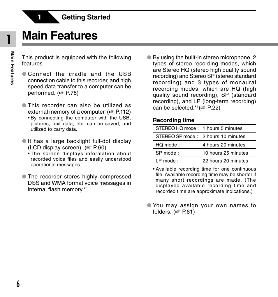 Main features, 1getting started | Olympus DS 2 User Manual | Page 6 / 120