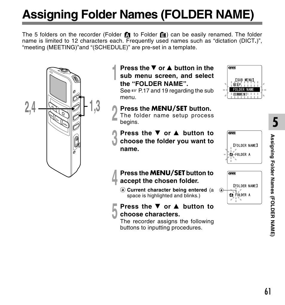 Assigning folder names (folder name) | Olympus DS 2 User Manual | Page 61 / 120