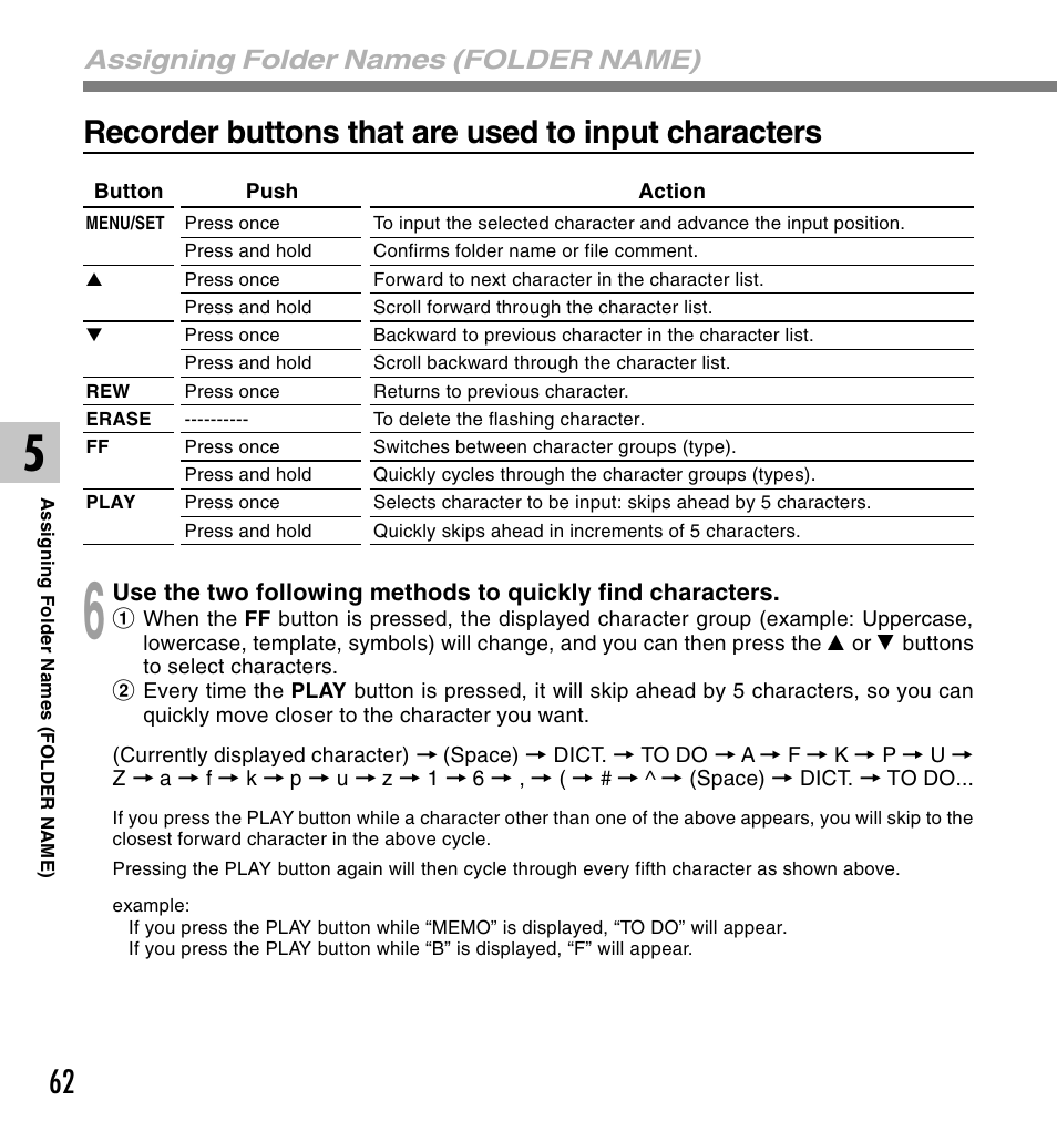 Assigning folder names (folder name) | Olympus DS 2 User Manual | Page 62 / 120