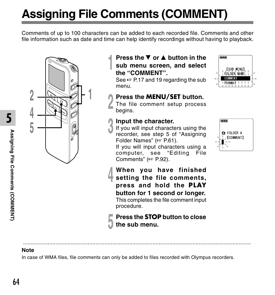 Assigning file comments (comment) | Olympus DS 2 User Manual | Page 64 / 120