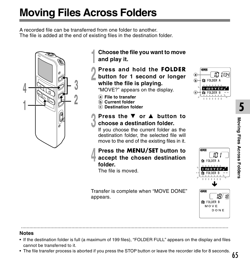 Moving files across folders | Olympus DS 2 User Manual | Page 65 / 120