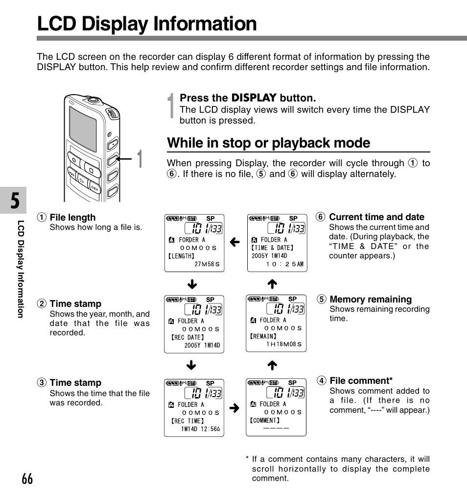 Lcd display information, While in stop or playback mode | Olympus DS 2 User Manual | Page 66 / 120
