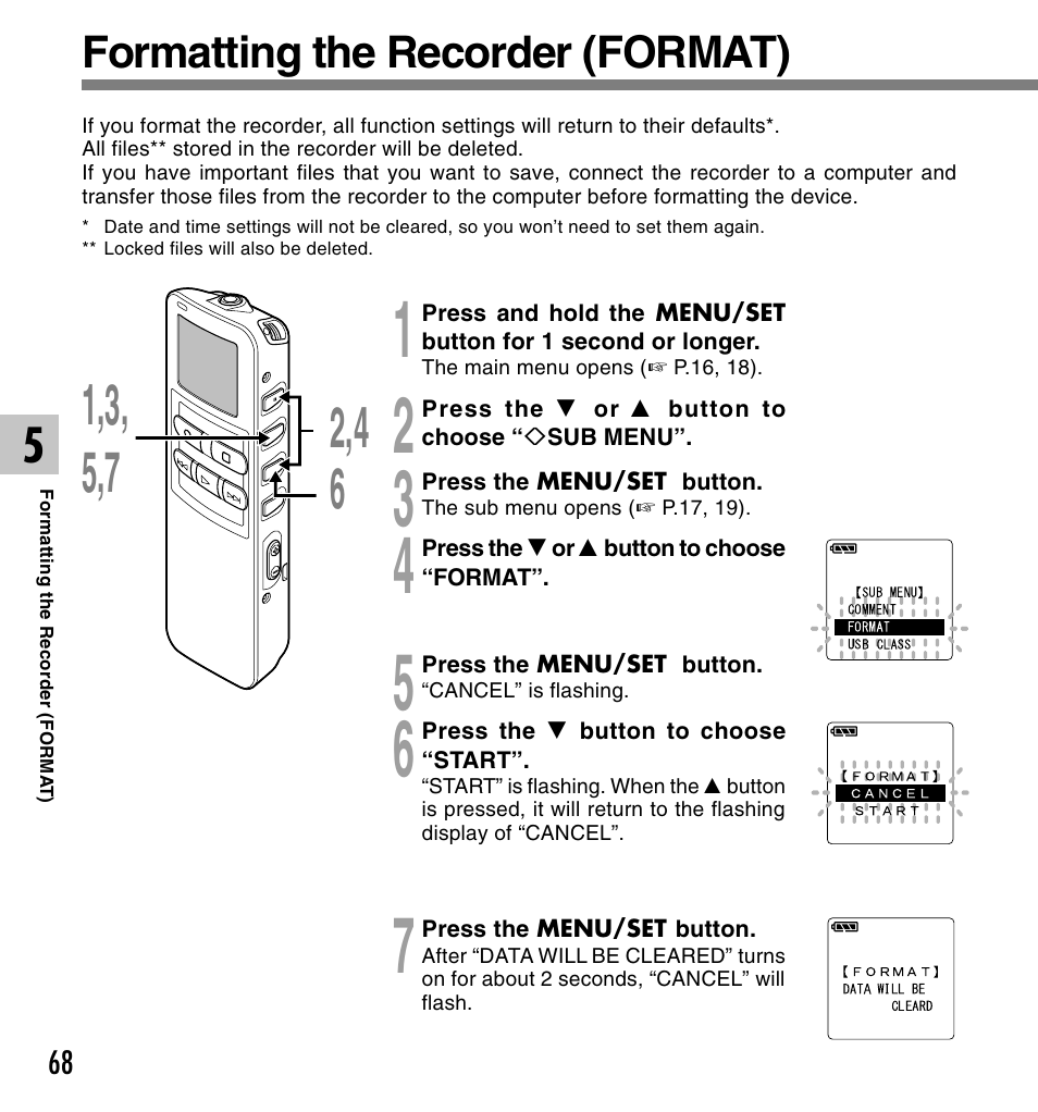 Formatting the recorder (format) | Olympus DS 2 User Manual | Page 68 / 120