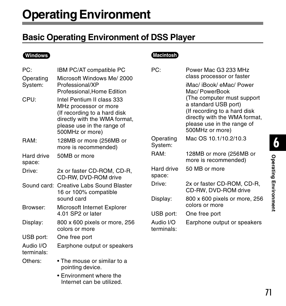 Operating environment, Basic operating environment of dss player | Olympus DS 2 User Manual | Page 71 / 120