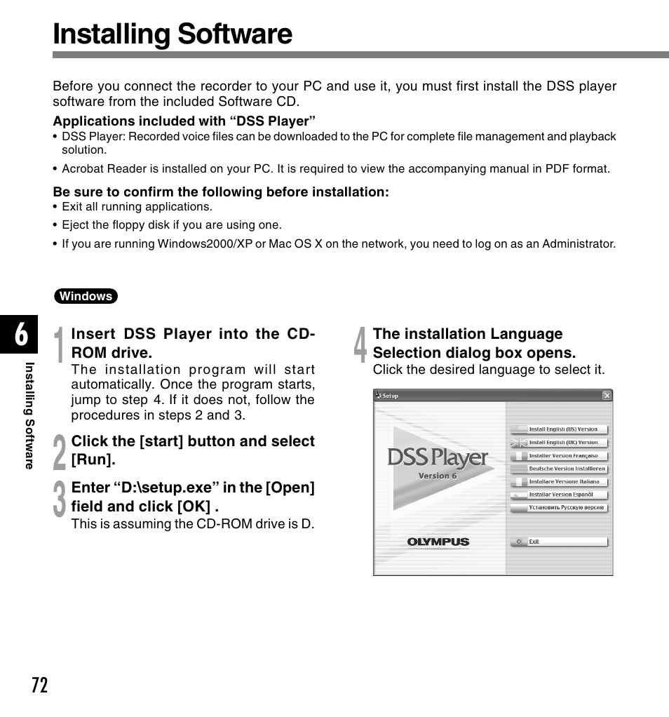 Installing software | Olympus DS 2 User Manual | Page 72 / 120