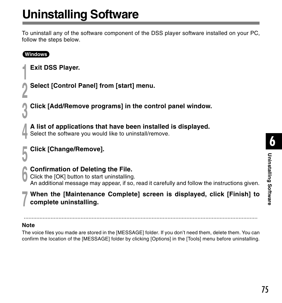Uninstalling software | Olympus DS 2 User Manual | Page 75 / 120