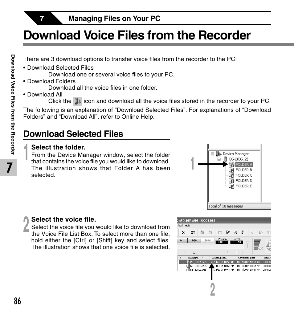 Download voice files from the recorder | Olympus DS 2 User Manual | Page 86 / 120