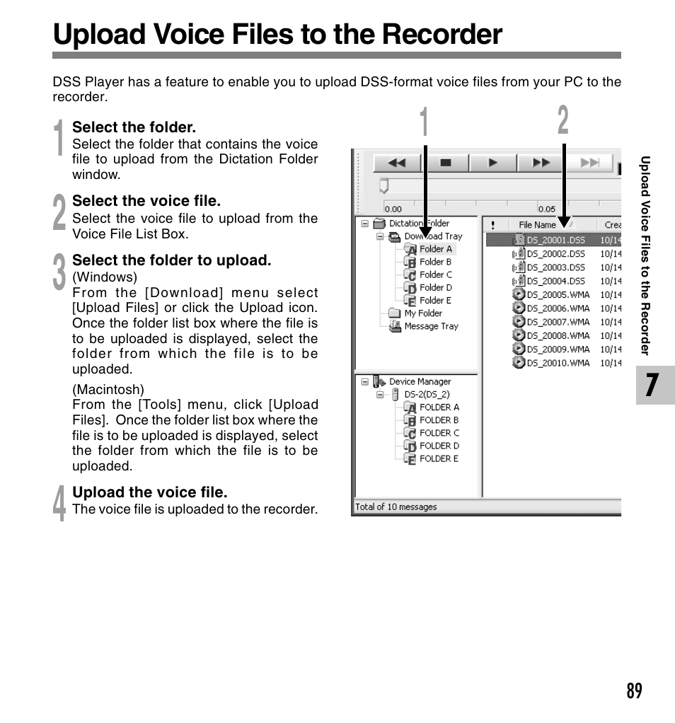 Upload voice files to the recorder | Olympus DS 2 User Manual | Page 89 / 120