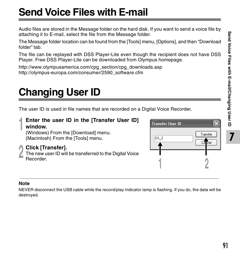 Send voice files with e-mail, Changing user id | Olympus DS 2 User Manual | Page 91 / 120