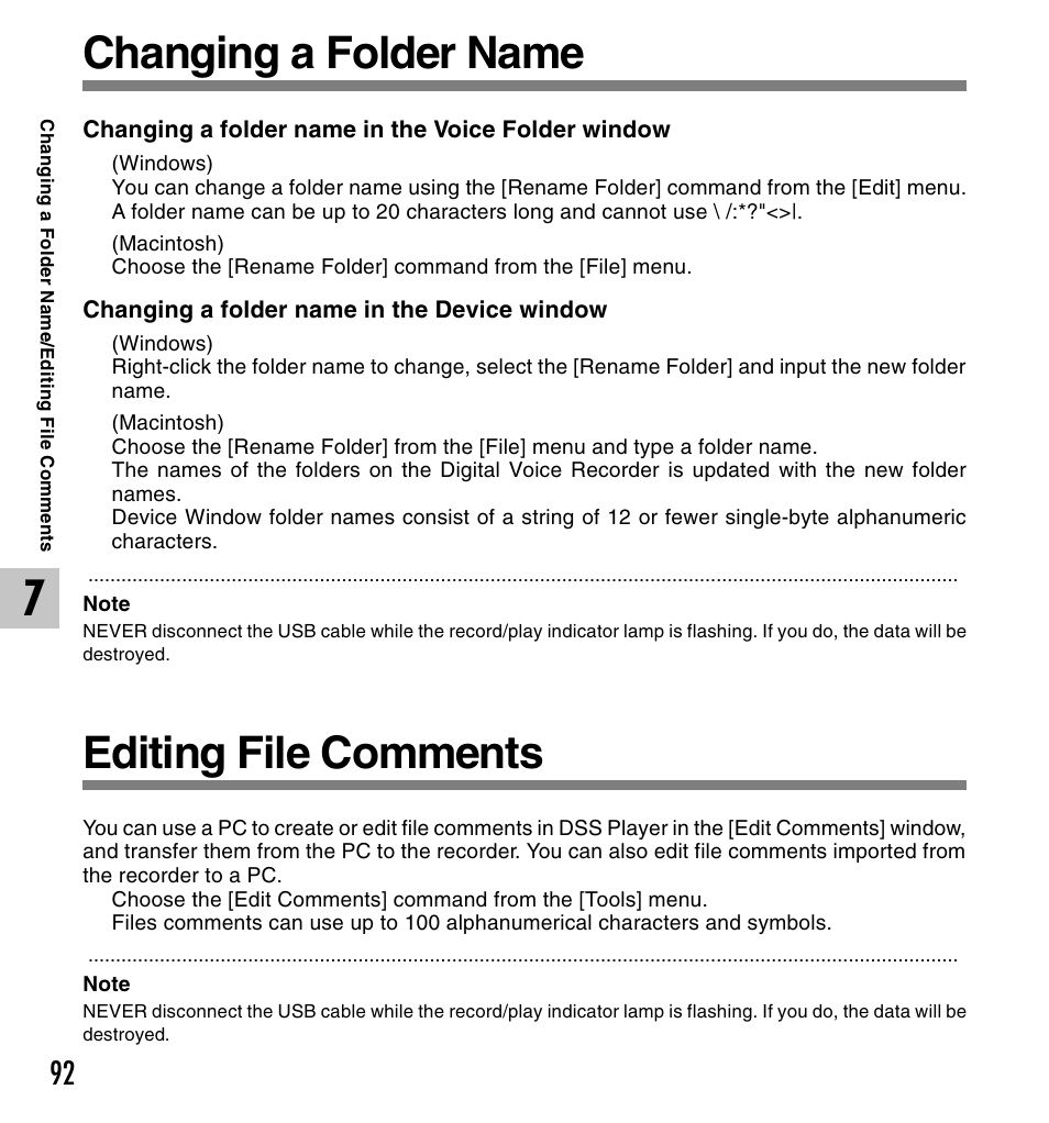 Changing a folder name, Editing file comments | Olympus DS 2 User Manual | Page 92 / 120