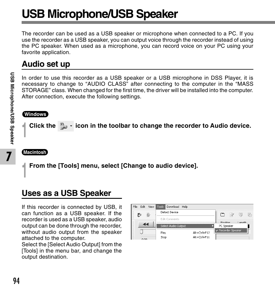 Usb microphone/usb speaker | Olympus DS 2 User Manual | Page 94 / 120