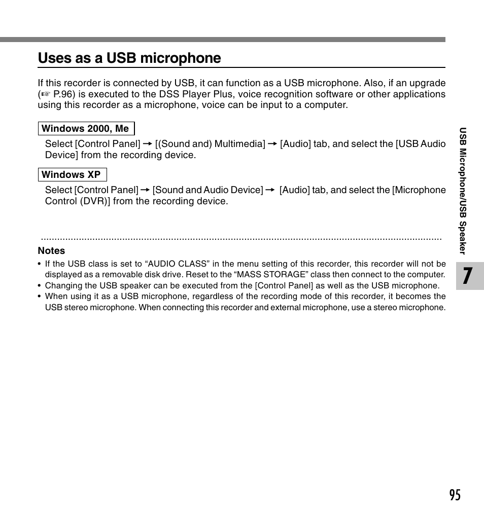 Uses as a usb microphone | Olympus DS 2 User Manual | Page 95 / 120