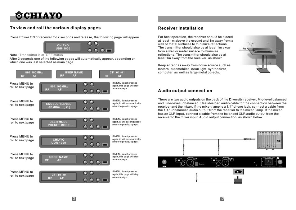 頁面 4, Receiver installation, Audio output connection | CHIAYO UDR-1000 User Manual | Page 4 / 8