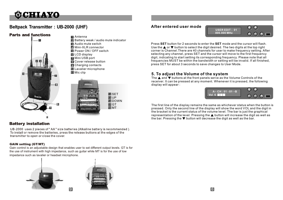 頁面 7, Beltpack transmitter : ub-2000 (uhf), After entered user mode | CHIAYO UDR-1000 User Manual | Page 7 / 8