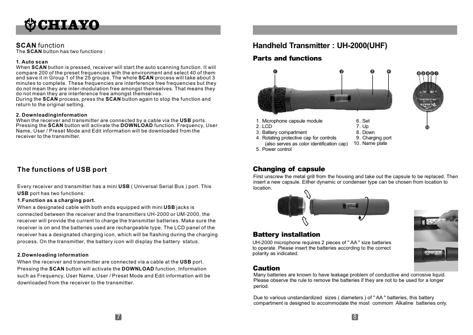 頁面 8, Handheld transmitter : uh-2000(uhf) | CHIAYO UDR-1000 User Manual | Page 8 / 8