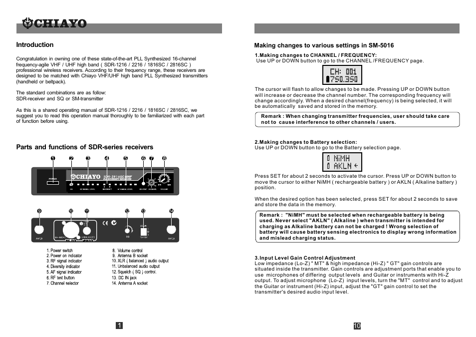頁面 2, Introduction, 10 parts and functions of sdr-series receivers | Making changes to various settings in sm-5016 | CHIAYO SDR-1216 User Manual | Page 2 / 6