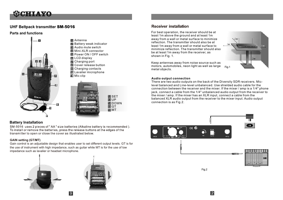 頁面 3, Uhf beltpack transmitter sm-5016, Parts and functions battery installation | CHIAYO SDR-1216 User Manual | Page 3 / 6