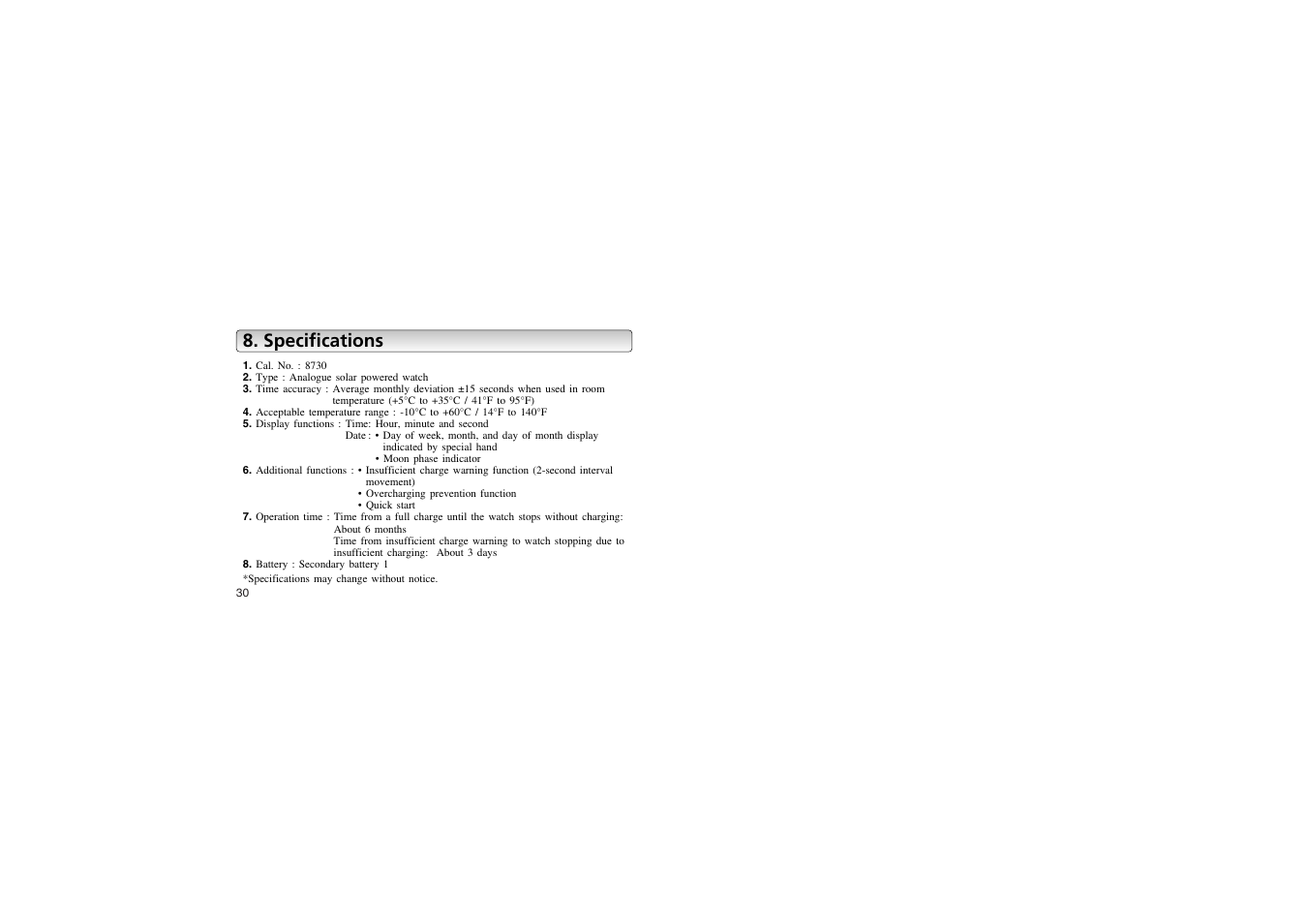 Specifications | CITIZEN 8730 User Manual | Page 16 / 16