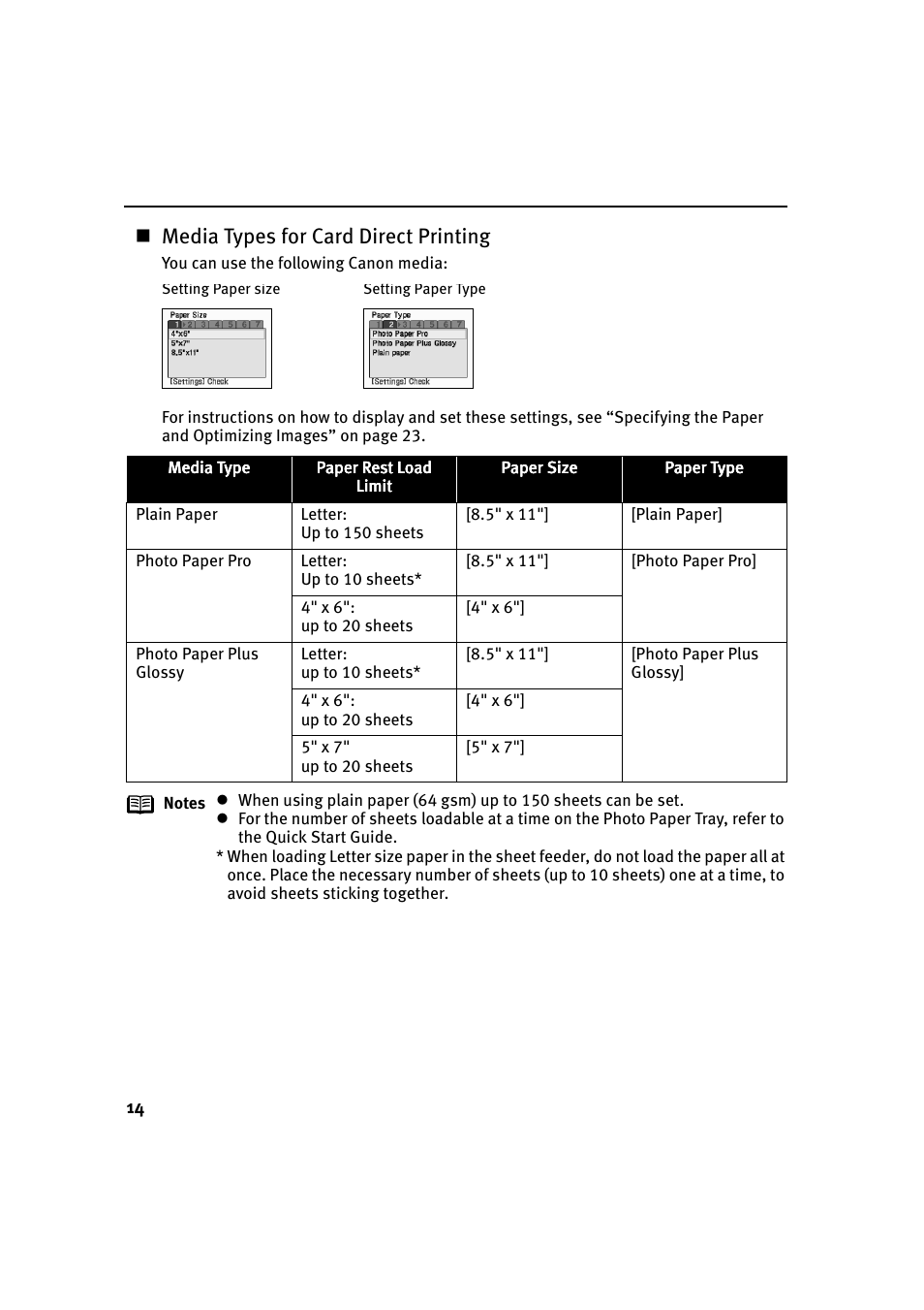 Media types for card direct printing | Canon i 900D User Manual | Page 15 / 50